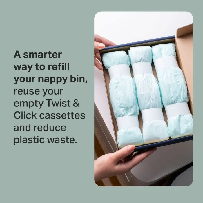 Image of someone holding an open box of Twist & Click refills on a changing table with text overlay of product USP