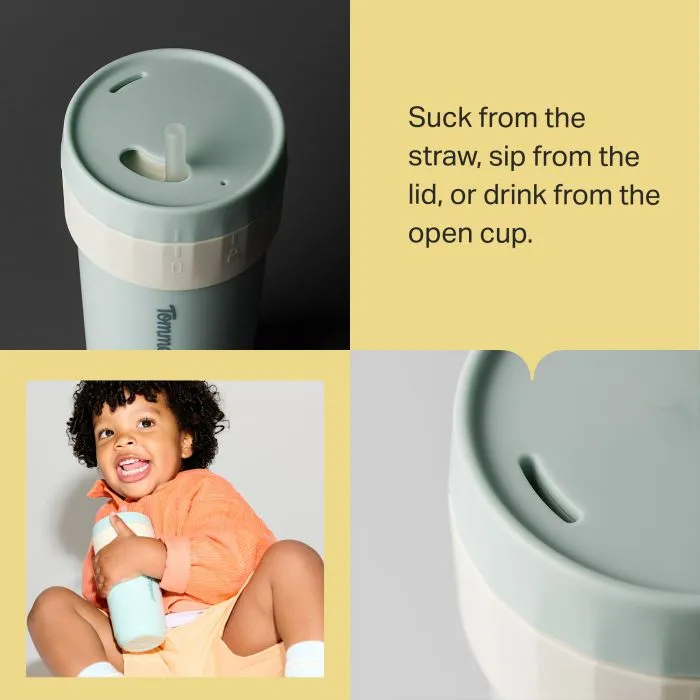 Grid of a toddler holding a 3-in-1 convertible cup and two close up shots of 3-in-1 convertible cups with product feature text