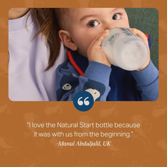 Baby wearing a milk bib and drinking from a Natural Start bottle with text overlay of customer review