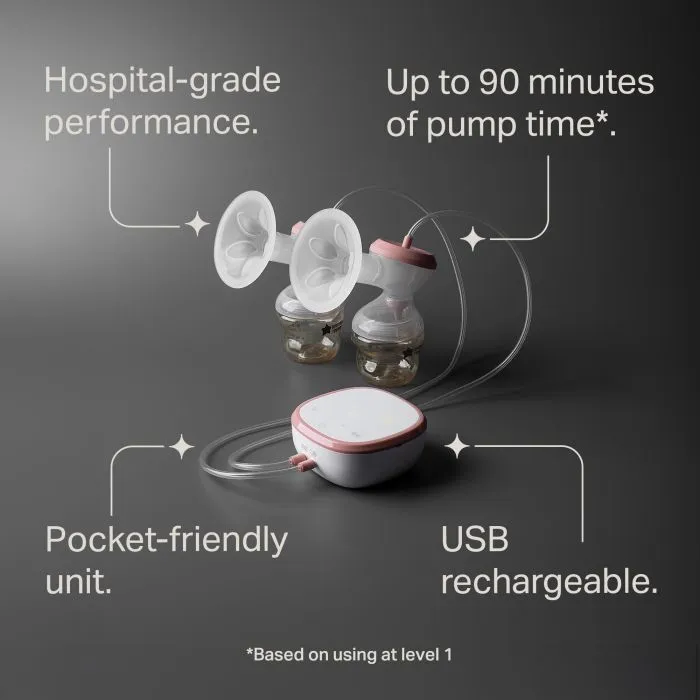 Wide shot of the double electric breast pump with power unit and key feature pointers.