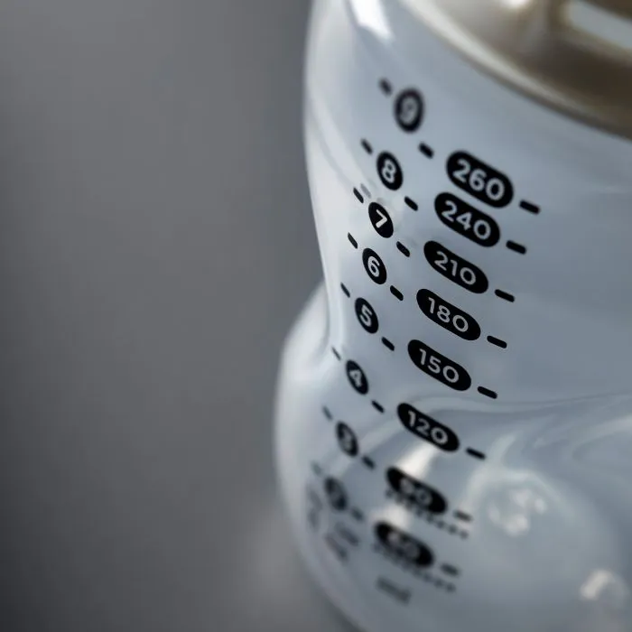 Close-up of measurement markers on a Natural Start bottle.