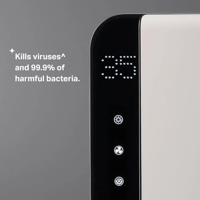 Close up of UV steriliser&apos;s digital display with USP tagline