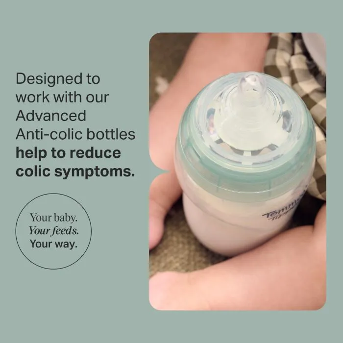 Close up of the nipple on an Advanced Anti-colic bottle with text overlay of product USP