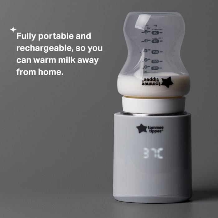 Upside down baby bottle placed on top of LetsGo bottle warmer on a grey background with product USP tagline
