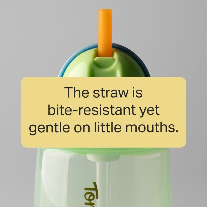 Close up of a green Active Straw cup with text overlay of product messaging