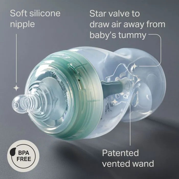 Advanced Anti-colic bottle laying on its side against a grey background with pointers to the key product features