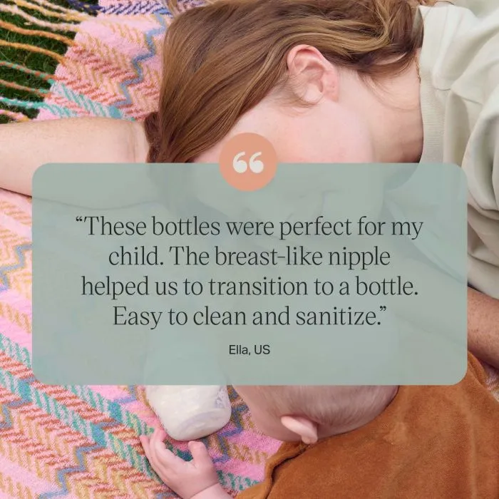 Woman and baby laying on a picnic blanket with a Natural Start bottle with text overlay of customer review