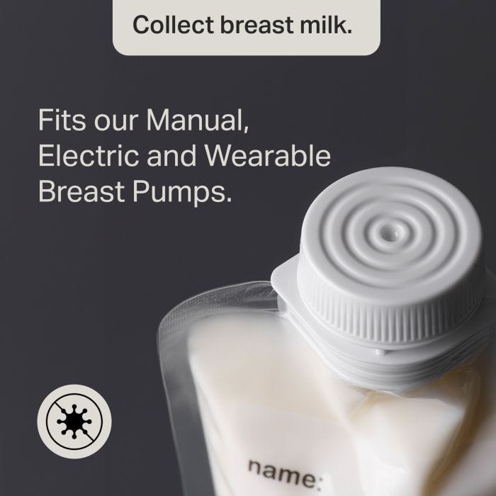 Aerial shot of a breast milk pouch lid with text about being compatible with Tommee Tippee pumps.
