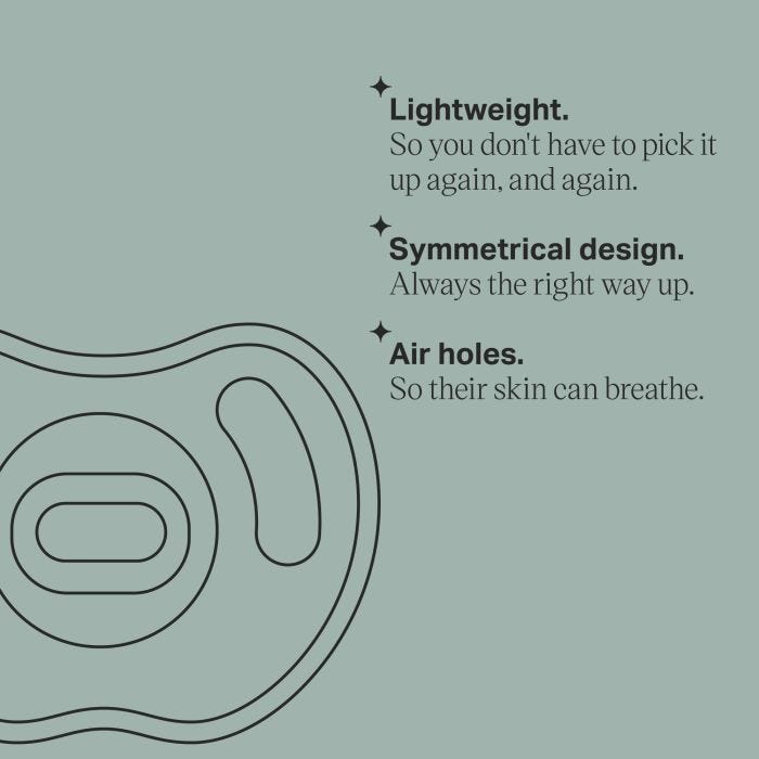 Keyline of ultra-light pacifier with key features listed next to it