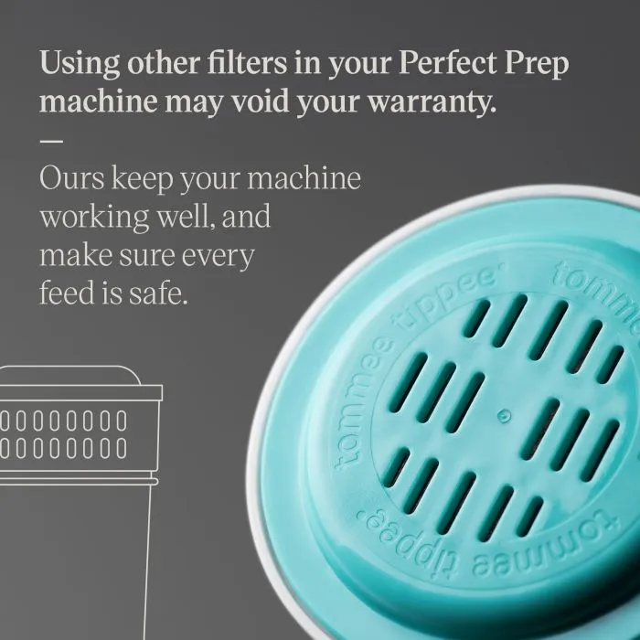 Close up of the top of a Perfect Prep filter against a grey background with text about the machine warranty