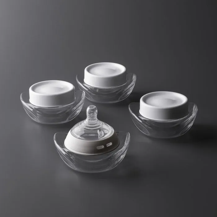 Three collector bottles with lids and one collector bottle with nipple attached.