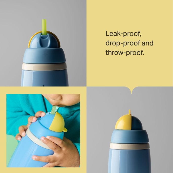 Grid of a toddler drinking from an insulated active straw cup and two close up shots of insulated active straw cups with product feature text