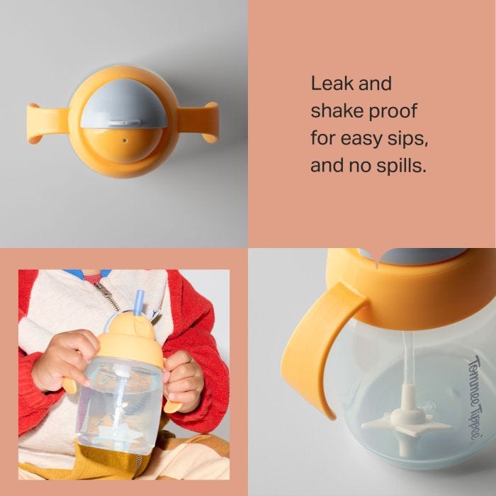 Grid of a toddler holding a trainer straw cup and two close up shots of trainer straw cups with product feature text