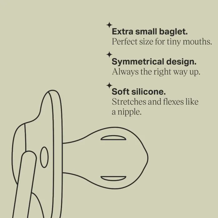 Line drawing of soother next to a list of key features