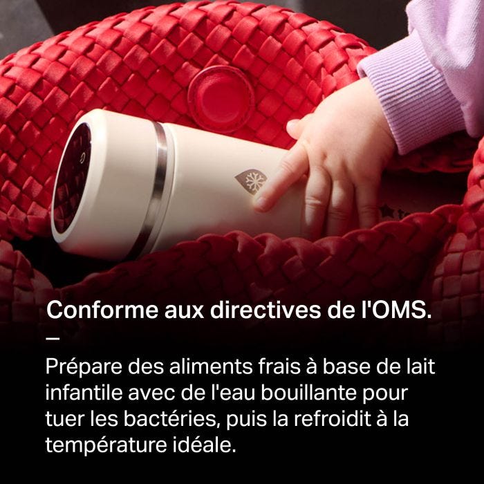Flacon réfrigérant PrepGo dans un sac avec un texte sur la conformité du produit aux directives de l&apos;OMS