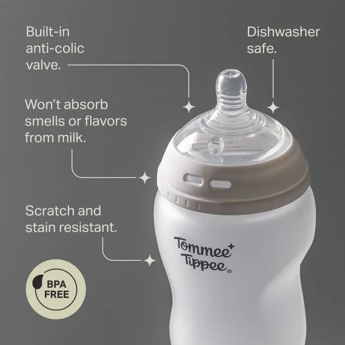 A Tommee Tippee Natural Start Silicone Coated Glass Bottle against a grey background with pointers stating "Dishwasher safe"