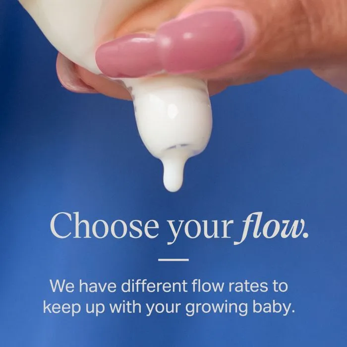 Close up image of a bottle nipple being held upside down with milk dripping from it with text overlay about choosing the right flow rate
