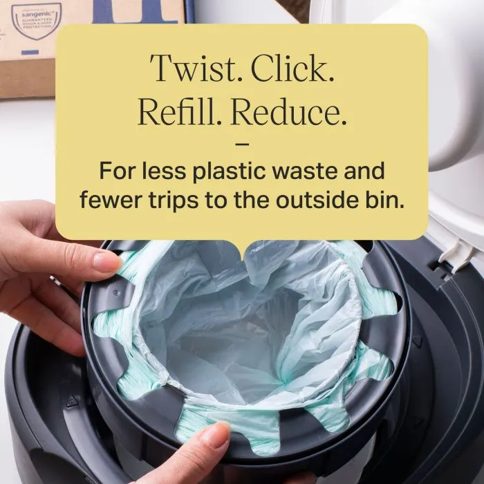 Image of someone putting a Twist & Click refill cassette into a nappy bin with text overlay of product messaging