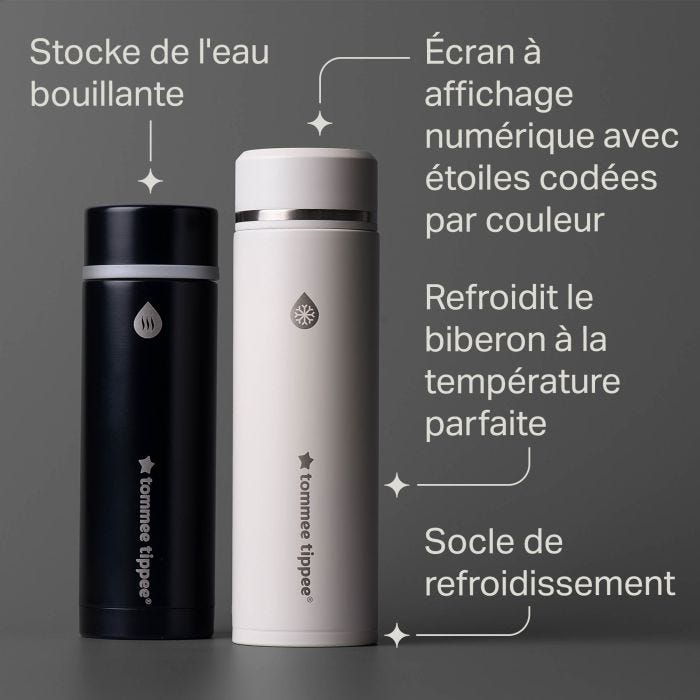Flacons PrepGo chauds et froids sur fond gris avec indication des caractéristiques du produit