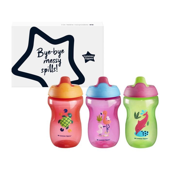 Three sippee cups with their packaging box against a white background