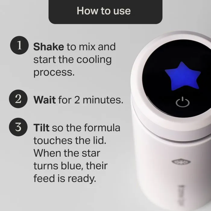 Image of PrepGo cooling flask from above to show the digital display lid with a how to use summary text overlay