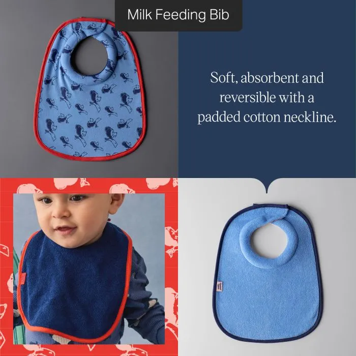 Grid image showing 3 different shots of a Milk bib with product feature text