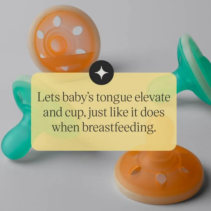 Four breast-like night pacifiers with text about soothing.