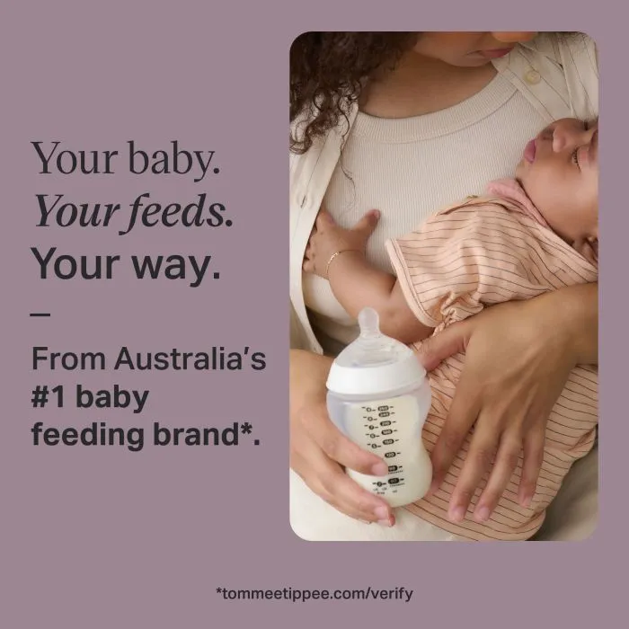 Image of woman holding a baby and a Natural Start bottle with text overlay of product USP