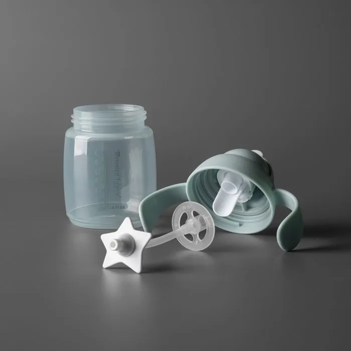 Green starter straw cup against a dark grey background disassembled to show all the pieces