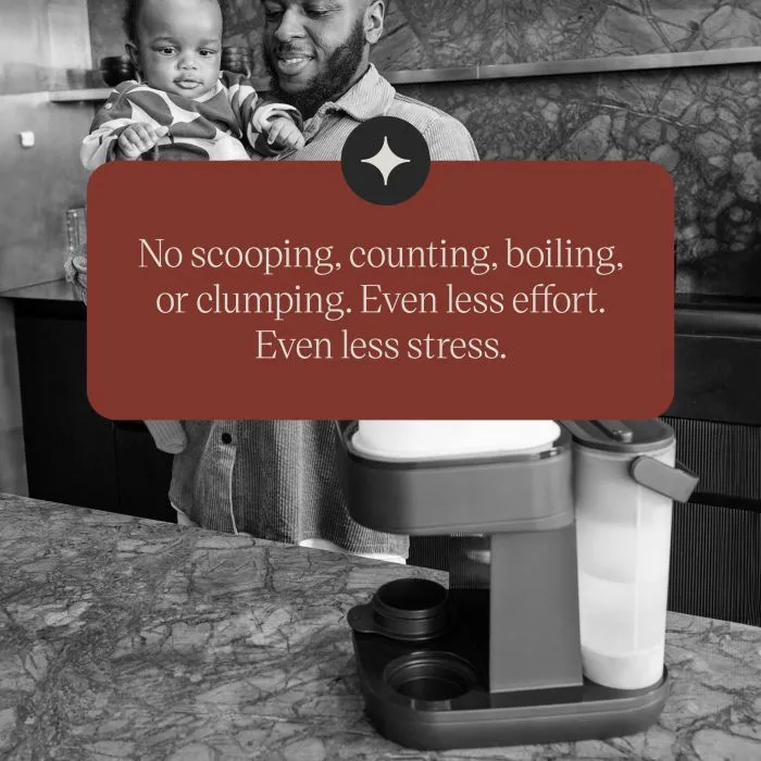 Black and white image of a Perfect Prep Pro on a kitchen worktop with a man holding a toddler in the background with text overlay of product feature