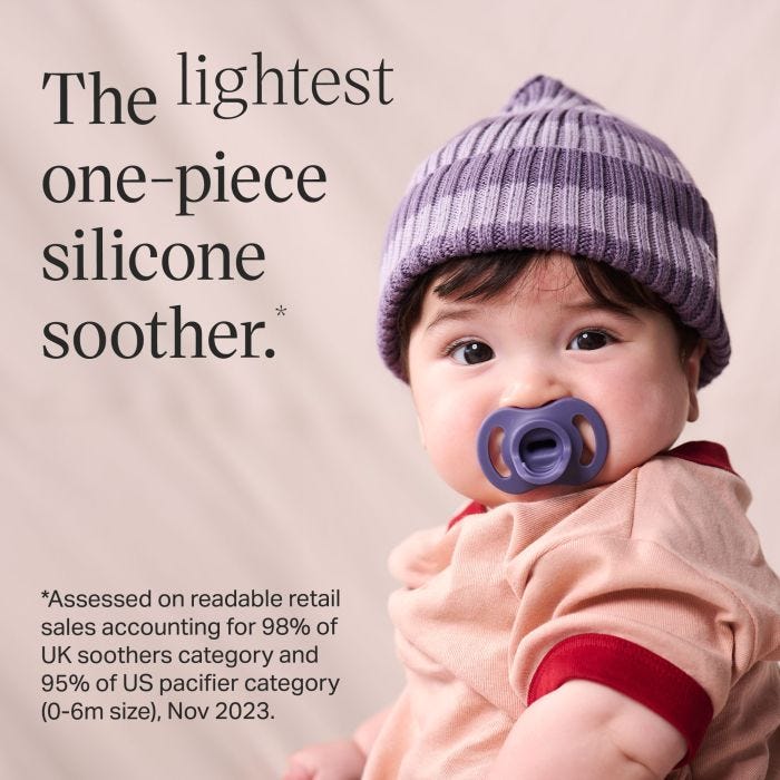 Baby with Ultra-light Stayput soother next to feature text.