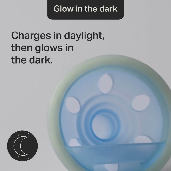 Close-up of a soother shield and elliptical holes with glow in the dark call-out.