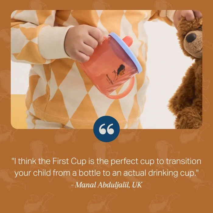 Image of a child holding a First Cup and a teddy bear by their side with text overlay of a customer review