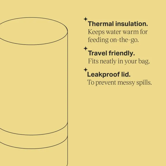Travel bottle warmer keyline drawing with product feature bullets