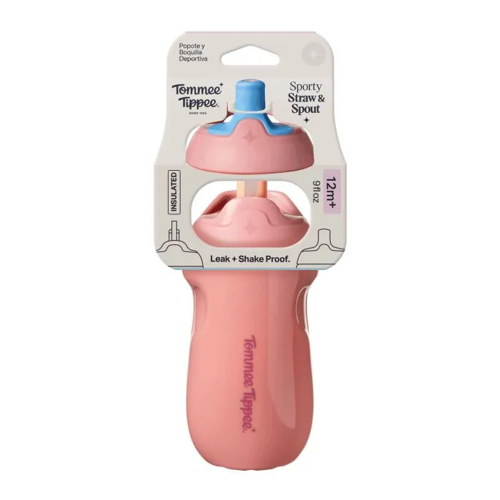 Insulated Sporty Spout and Straw Cup in it&apos;s packaging against a white background