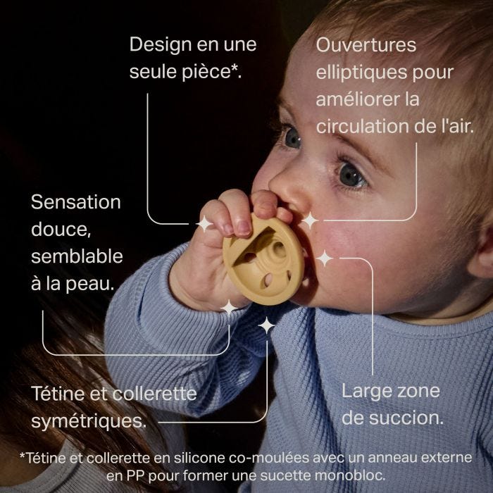 Bébé avec une sucette jaune en forme de sein et texte des caractéristiques principales.