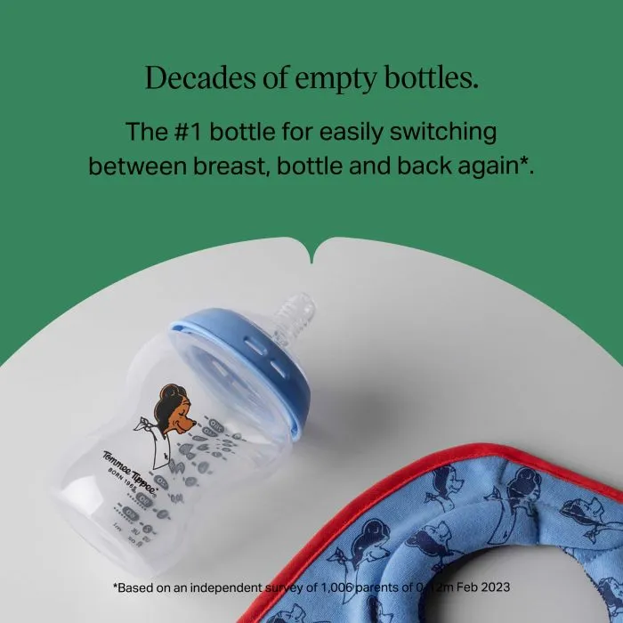 Milk bib and Natural Start bottle laid out against a grey background with text overlay of product messaging