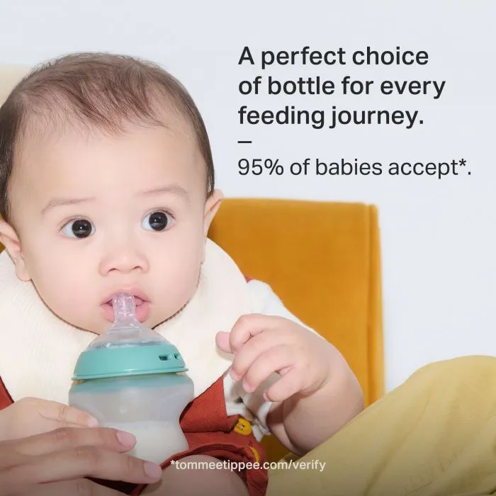 Baby drinking from a silicone Natural Start bottle with text alongside about how 95% of babies accept these bottles