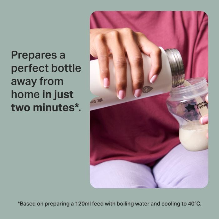 Close up image of a parent pouring formula milk into a bottle from a PrepGo cooling flask with text overlay of product USP