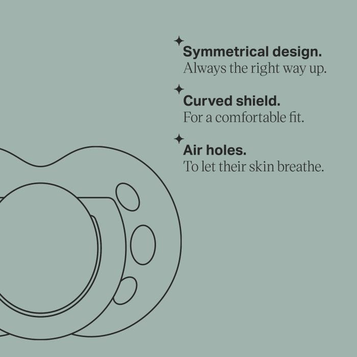 Line drawing of soother next to a list of key features