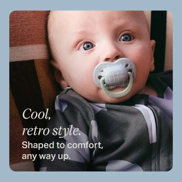Baby with an Ultimate Fit pacifier with text about the cool and retro designs.