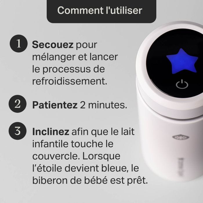 Image de la fiole de refroidissement PrepGo vue de dessus pour montrer le couvercle à affichage numérique avec un texte récapitulatif sur le mode d&apos;emploi