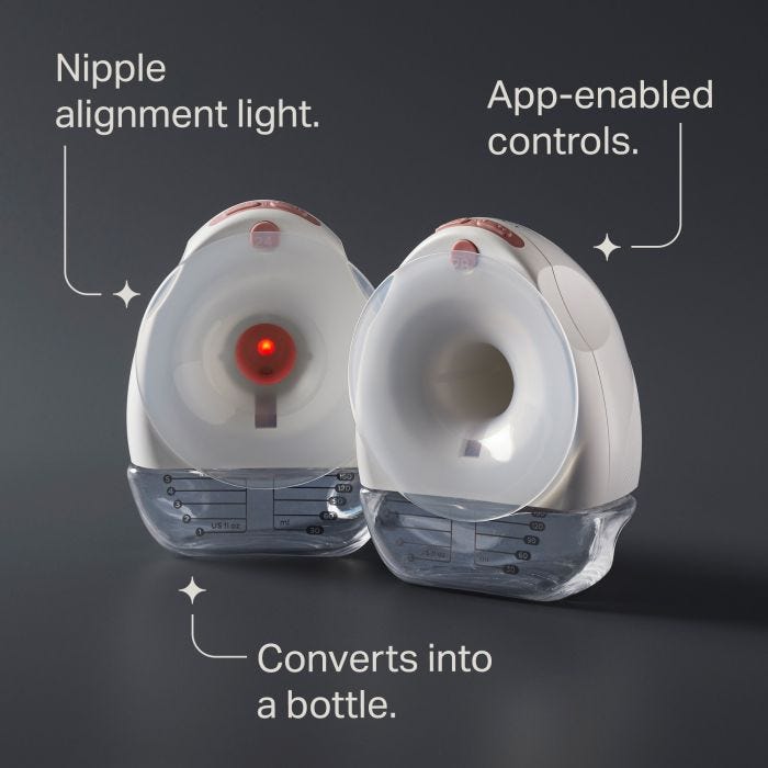 Two-shot of the Double Wearable Breast Pump alignment light and horn with key feature pointers.