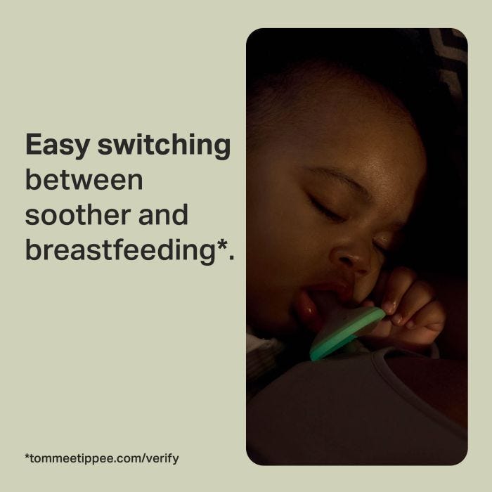 Baby with an illuminated soother and text about easy switching to breast.