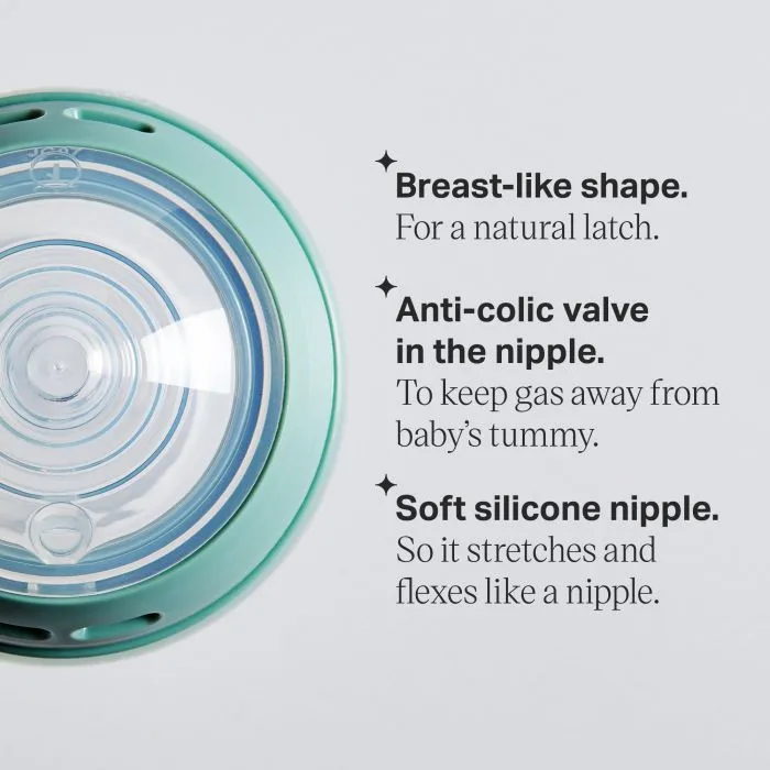Arial shot of a silicone bottle nipple with key features listed.