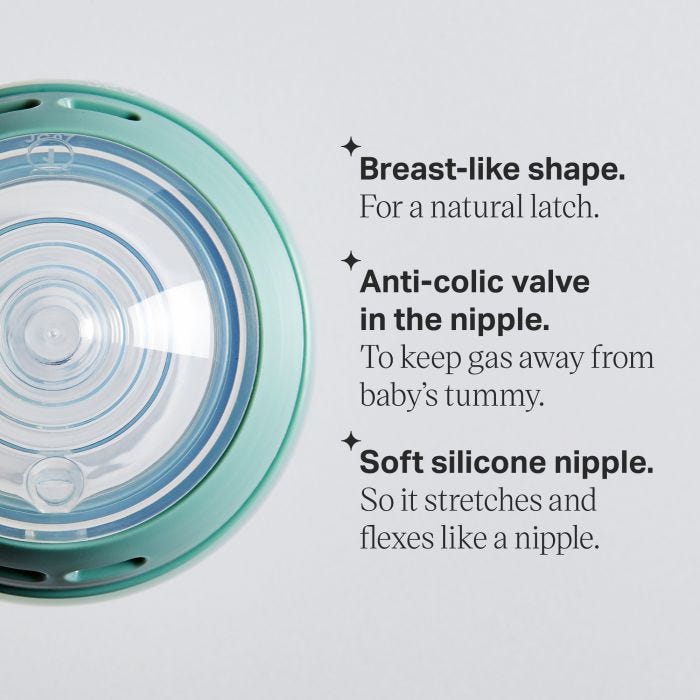 Aerial shot of a silicone bottle nipple with key features listed.
