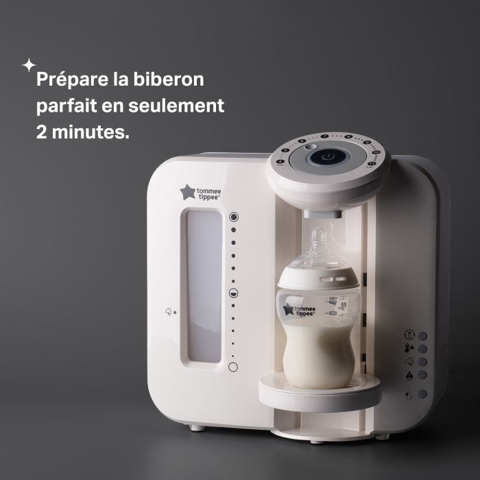 Perfect Prep blanc sur fond gris foncé avec texte sur la préparation de la bouteille en 2 minutes