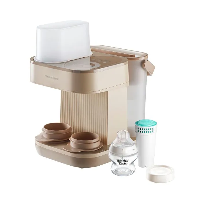 Tommee Tippee Nutmeg Perfect Prep Pro against a white background with a filter and a 150ml bottle alongside