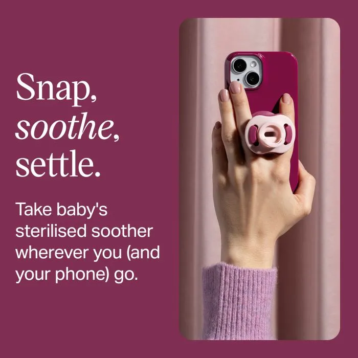 Hand holding a phone with StayPut Pocket™ and soother attached with feature text.