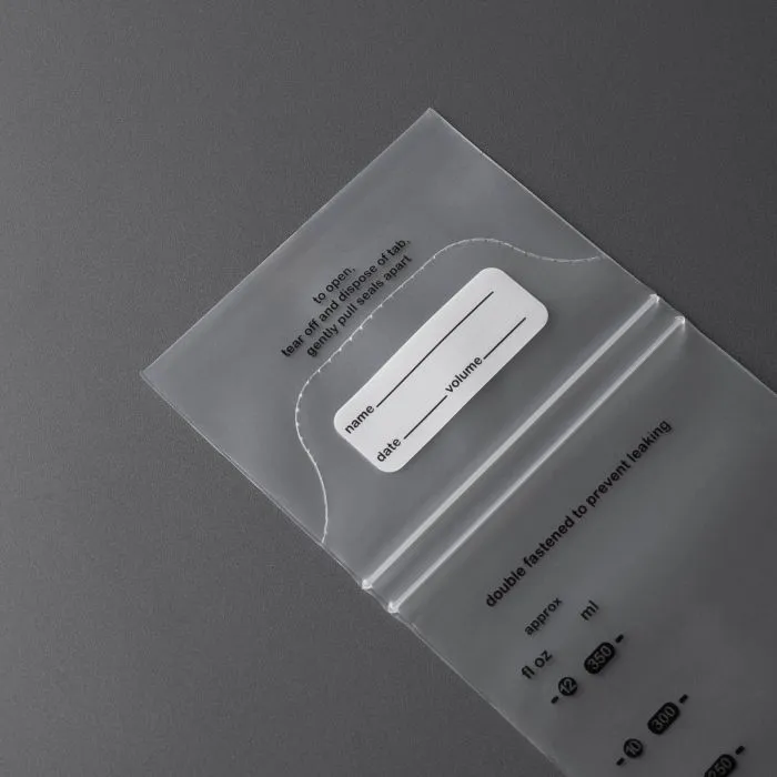 Close-up of the double seal and label space on a breast milk storage bag.